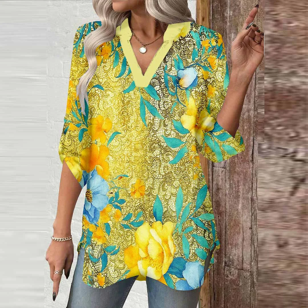 Women Floral,Yellow,Green DZGA0572 3/4 Sleeve V-neck Printed Graphic Button Tops