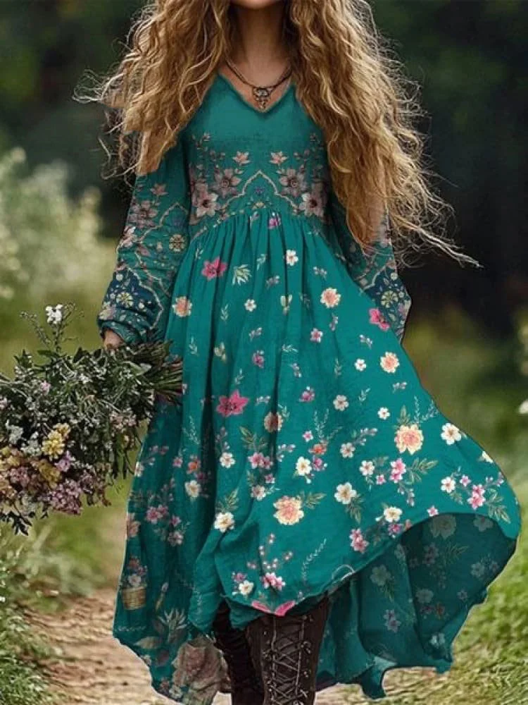 Rétro Boho Floral Art Print Vintage Chic col en V à manches longues Midi Dress
