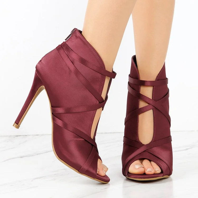 Burgundy Satin Cut-Out Strappy Peep Toe Booties with Stiletto Heel Vdcoo
