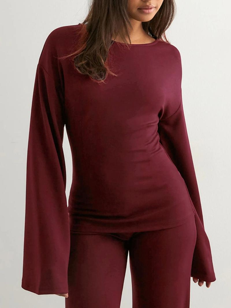 Women's Fall New Round Neck Flare Long Sleeve Top & Elastic Waist Straight Leg Pants Set, Casual Fashion for Daily Wear
