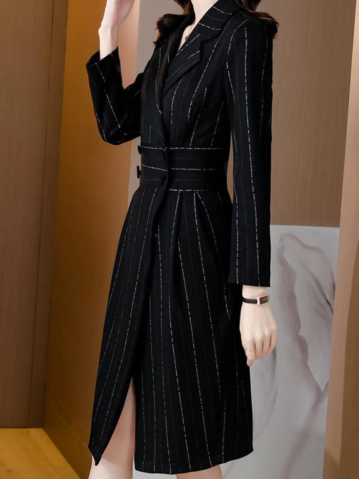 Double-breasted Long-sleeved Knitted Striped Dress