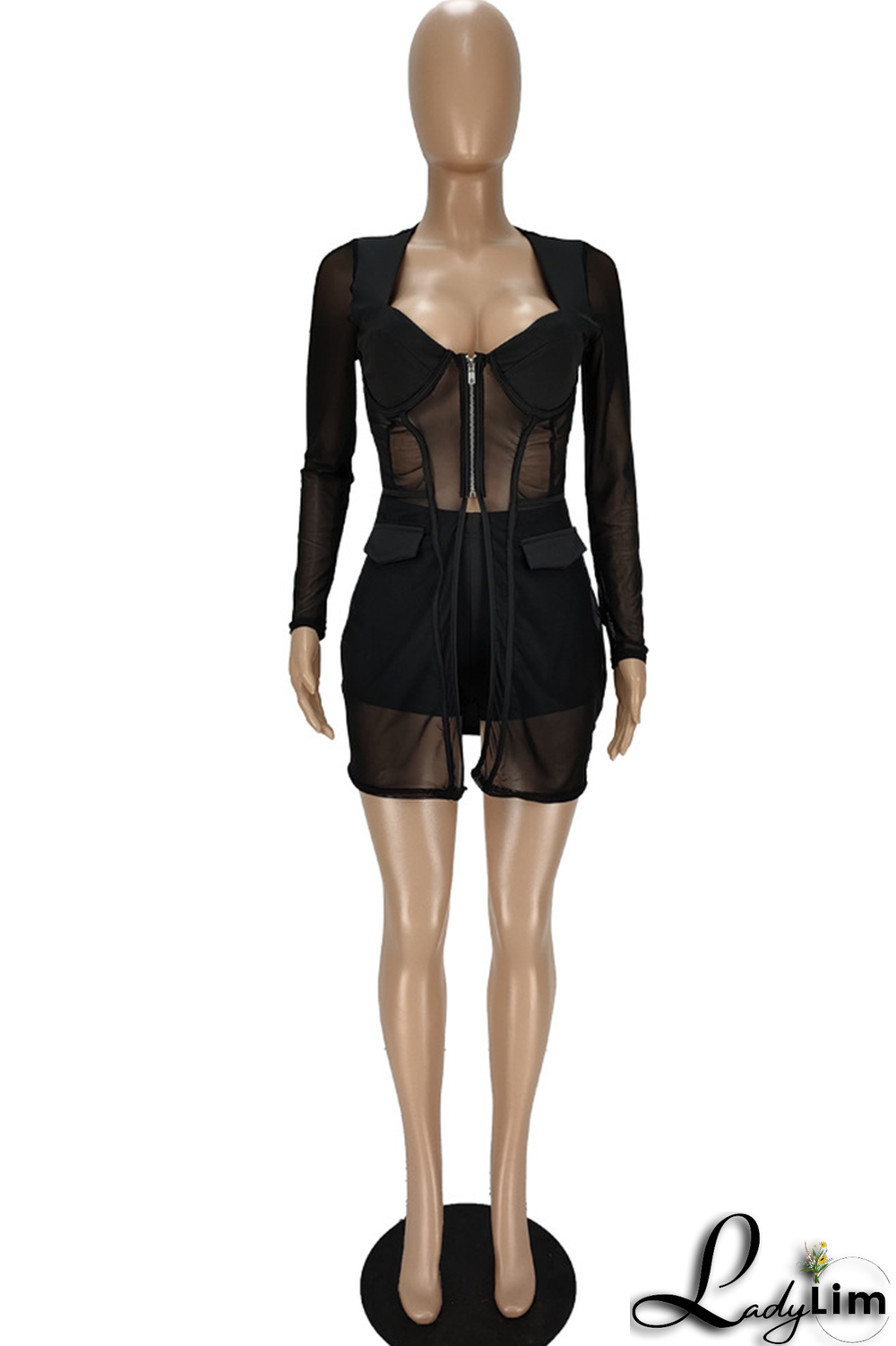 Tangerine Red Sexy Solid Mesh Square Collar Long Sleeve Two Pieces