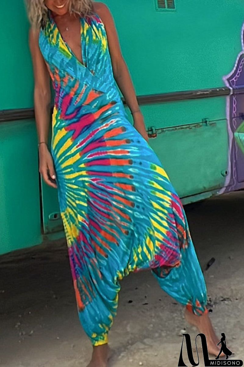 MidiSono - Casual Print Backless Halter Loose Jumpsuits