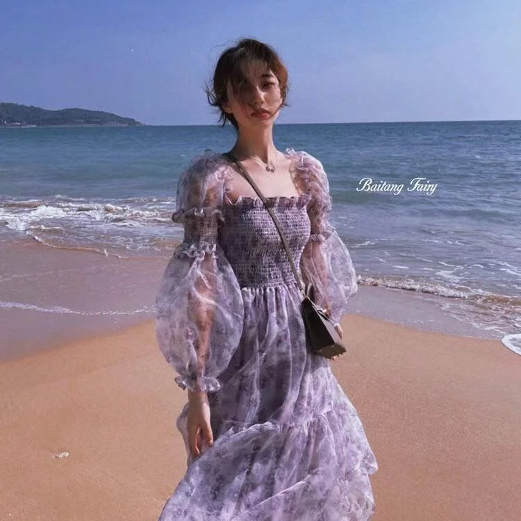 Dresses Women Mesh French New Summer Sweet Leisure Mid-calf Cozy Design Cute Lovely Print Student Long Sleeve Fashionable Purple