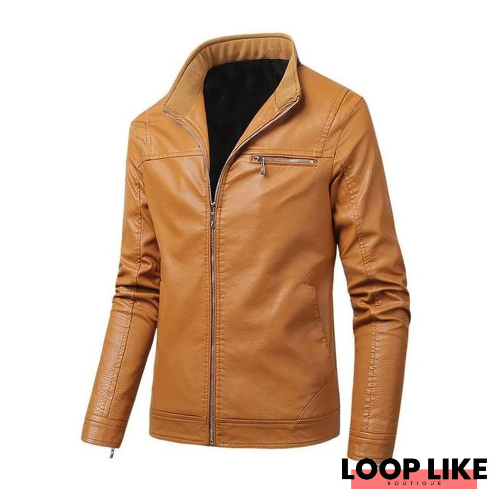 Men's New Fashion Biker Leather Jacket Slim Men Stand Collar Pu Coats Plus Velvet Overcoat Size