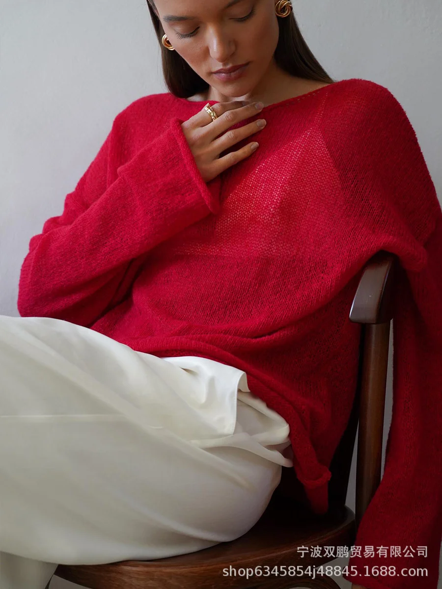 Athvotar Athvotar New Hollow Knitted Top 2025 New Round Collar Perspective Thin Sweater Woman