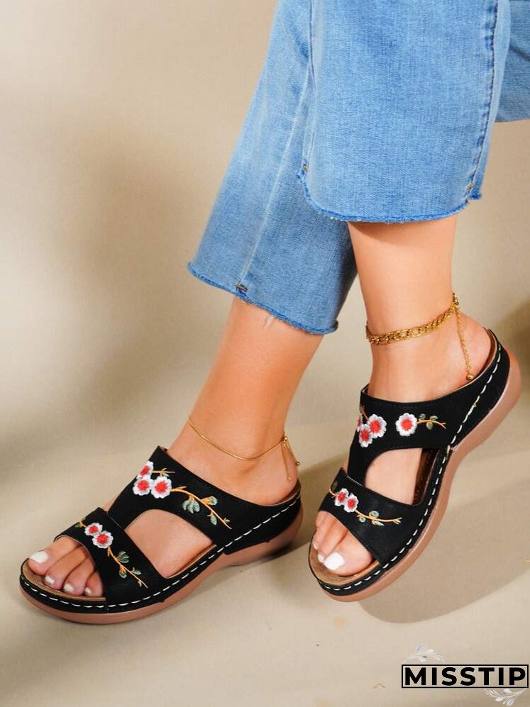 Floral Embroidery Wedge Sandals