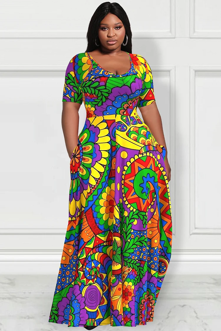 Xpluswear Design Plus Size Daily Multicolor Casual Graphic Round Neck Short Sleeve Pocket Maxi Dresses 2024 - Xpluswear