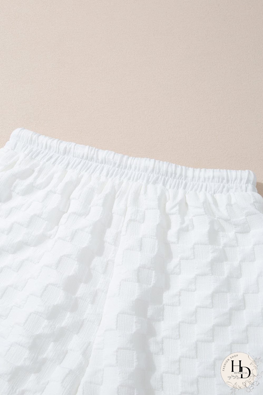 Chic White Textured V-Neck Top and Drawstring Shorts Ensemble
