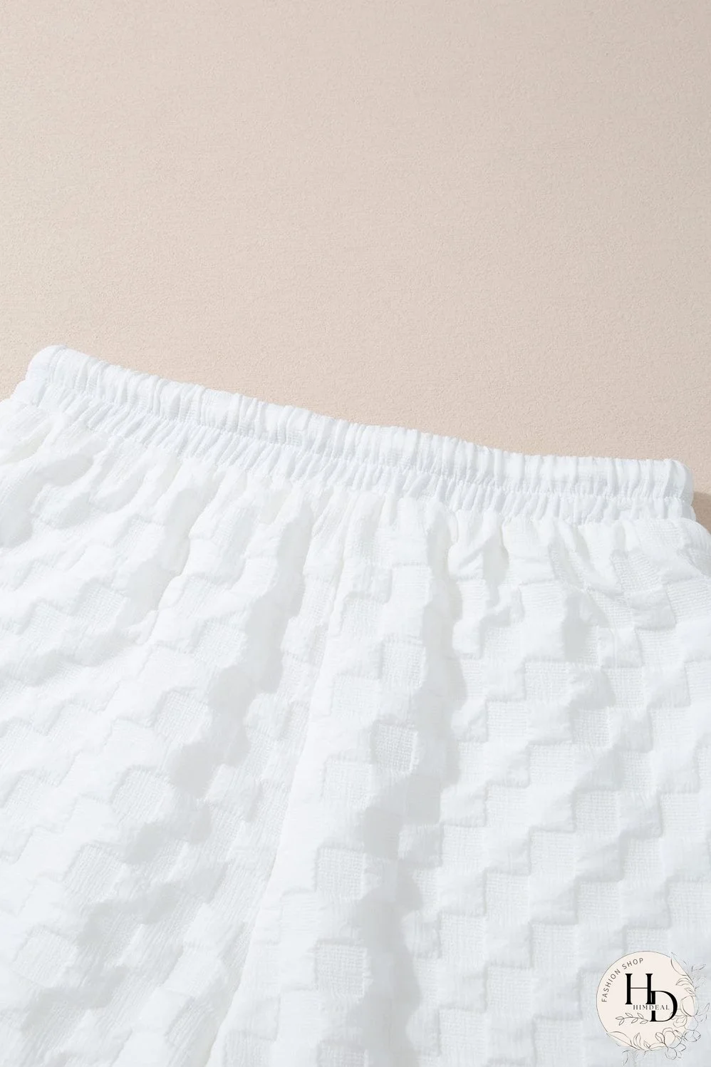 Chic White Textured V-Neck Top and Drawstring Shorts Ensemble