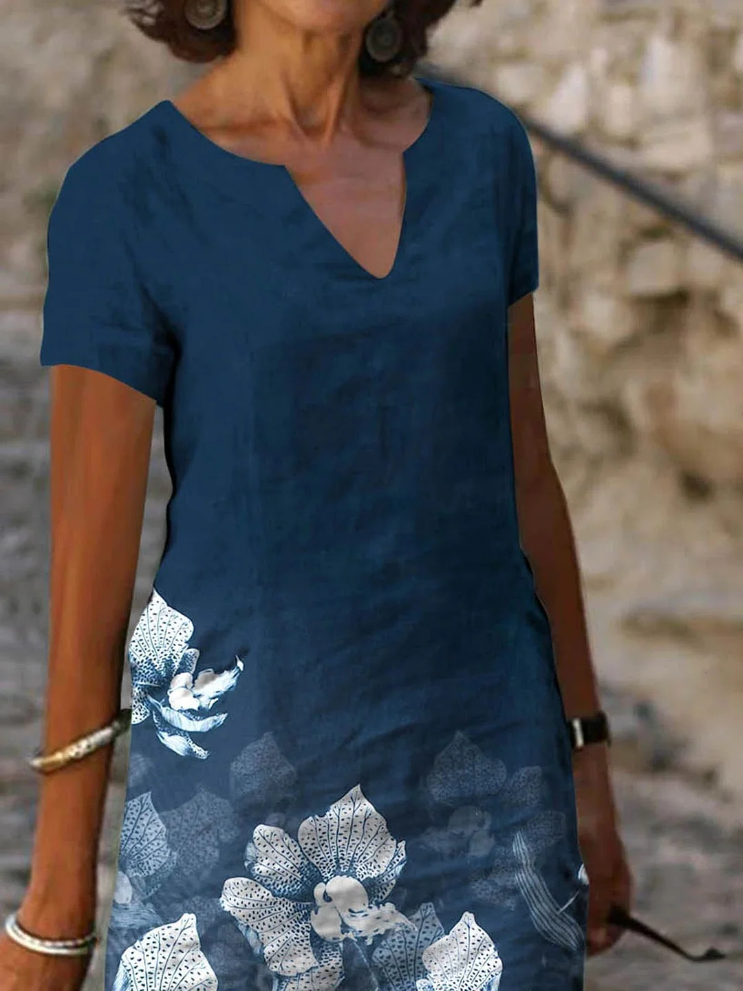 Women's V-neck Short Sleeve Printed Midi Dress