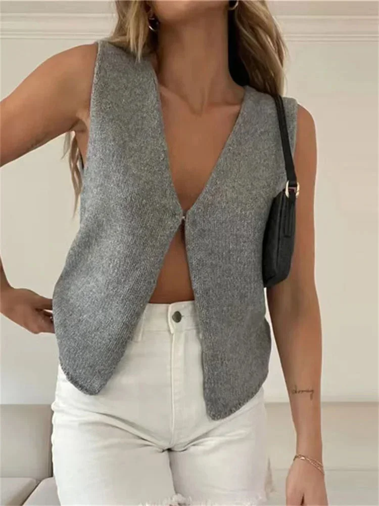 Oocharger Female Hollow Out Knit Cardigan Sexy Sleeveless Baggy High Street Tank Top Summer V-Neck Slim Fashion Women Vest Y2k Top