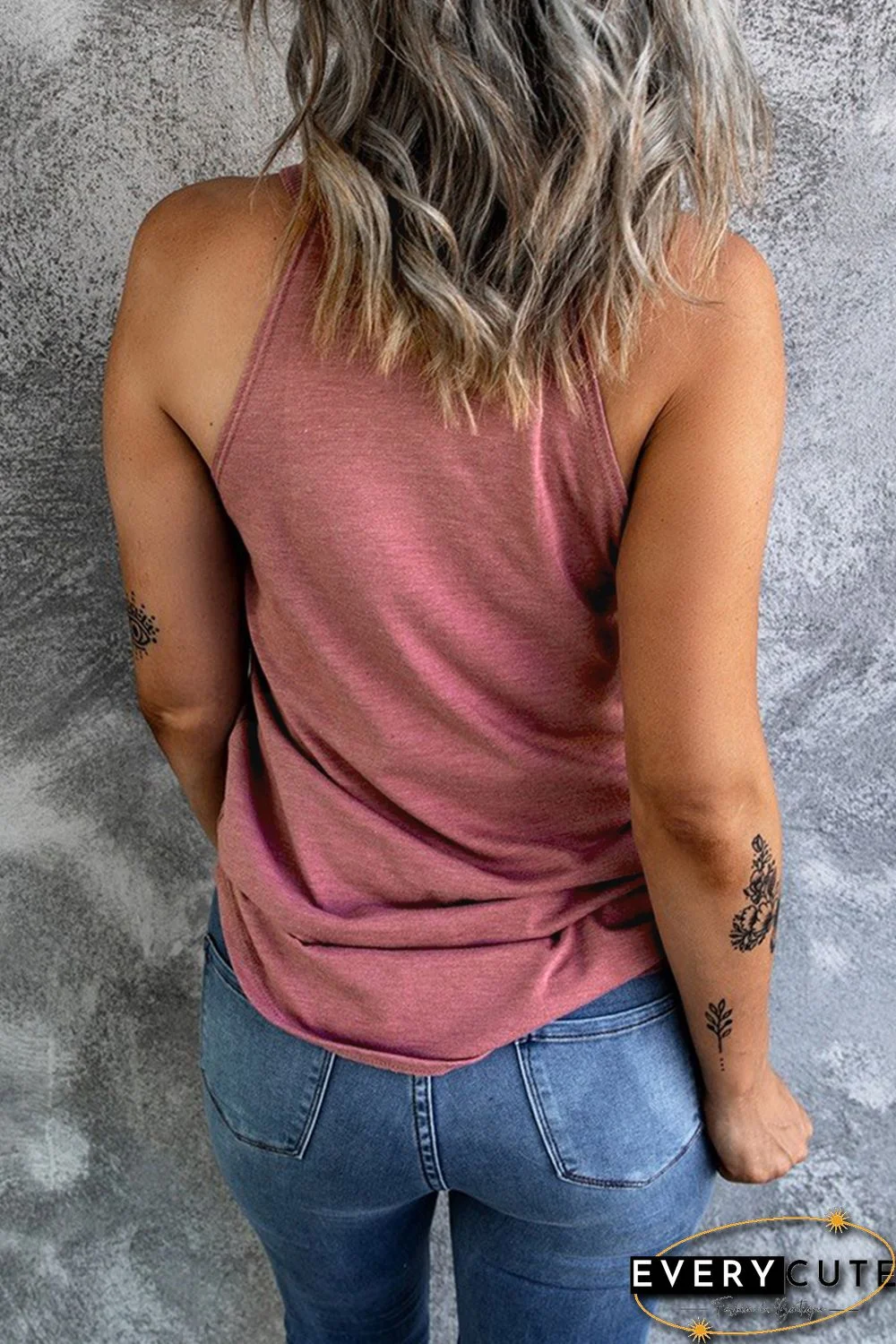 Pink Solid Color Crew Neck Tank Top