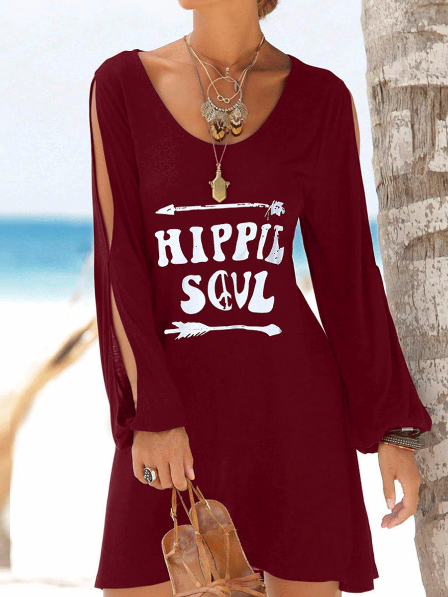 Round Neck Slit Sleeves Solid Color Print Shift Dress