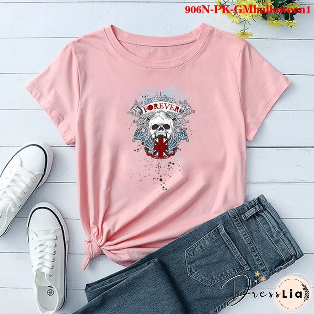 Fashion Funny Halloween Printed T-shirts Women Summer Casual Short Sleeved T-shirts Round Neck Tops