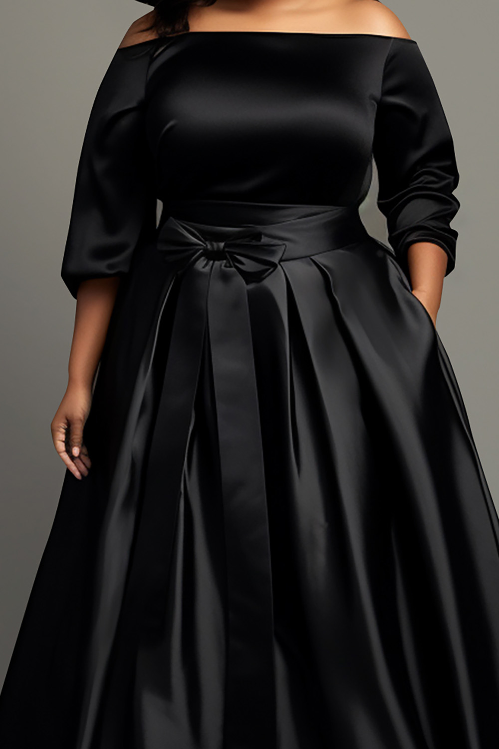 Design Plus Size Semi Formal Elegant Black Off The Shoulder 3/4 Sleeve Pocket Pleated Bow Tie Satin Maxi Dresses [Pre-Order]