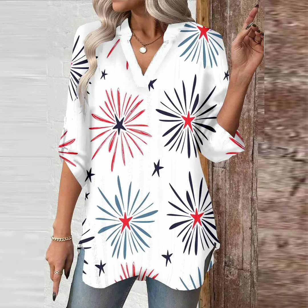 Women  Independence Day, Star, Striped, Blue, Red DZGA0238 3/4 Sleeve V-neck Printed Graphic Button Tops