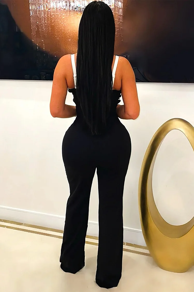 V Neck Colorblock Straight Leg Sleeveless Jumpsuit-Black