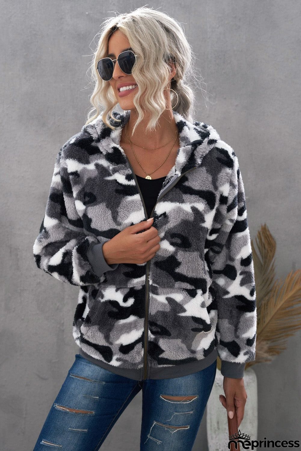 Camo Print Zipper Fleece Hooded Coat with Pockets