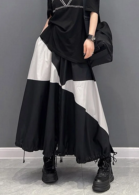 Fine Black White Patchwork Pockets Elastic Waist Drawstring Skirts Summer