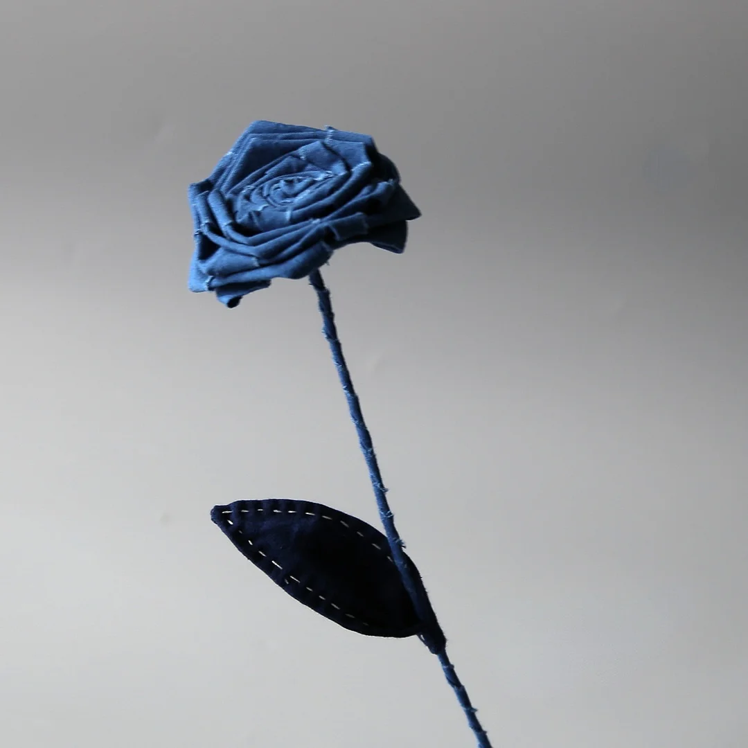 Handmade Blue Dye Cloth Art Rose Plant Home Decor Flower Arrangement