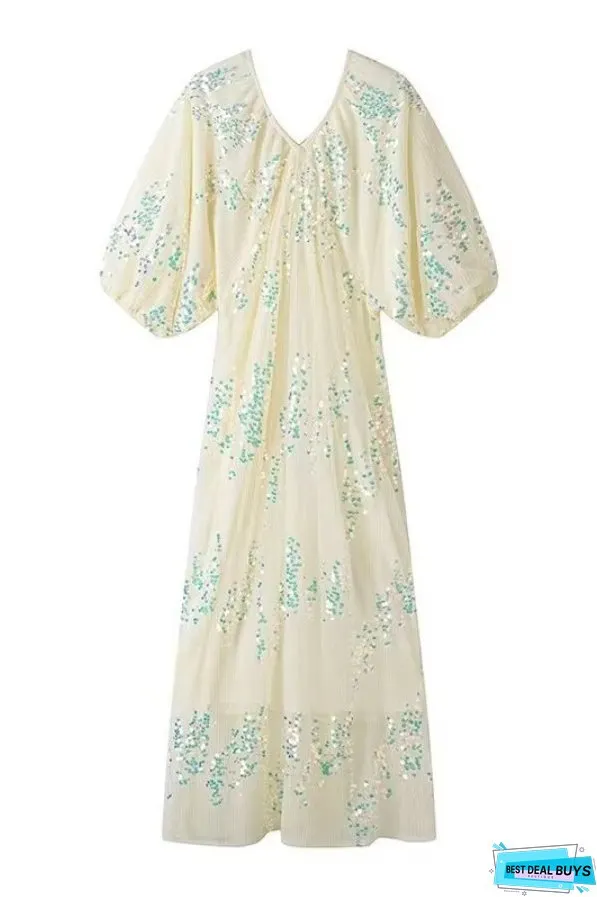 Batwing Sleeve Sequined Deep V Neck Long Dress