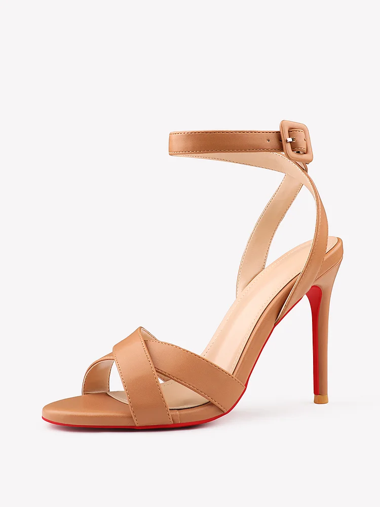 100mm Women's Round Toe Sandals Stiletto Red Bottom High Heels Ankle Strap Matte Shoes
