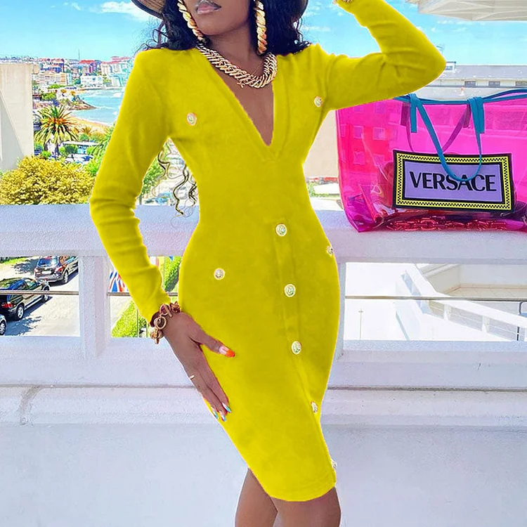 Solid V-Neck Long Sleeve Button Detailed Bodycon Dress - IRBOOM Fashion Clothing