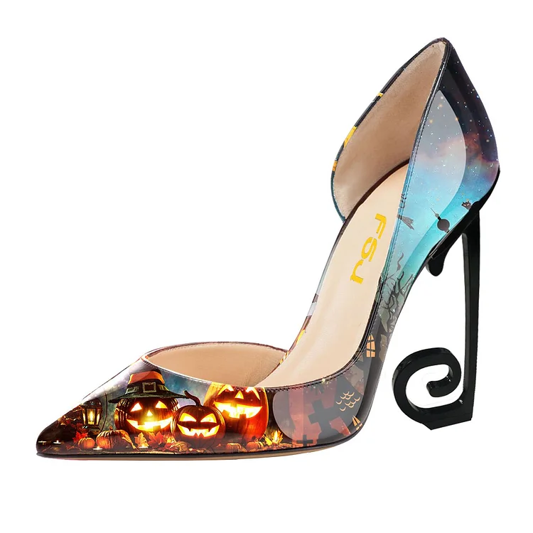 Multi-Color Pumpkin Floral Heels Stiletto Heel Pumps for Halloween |FSJ Shoes