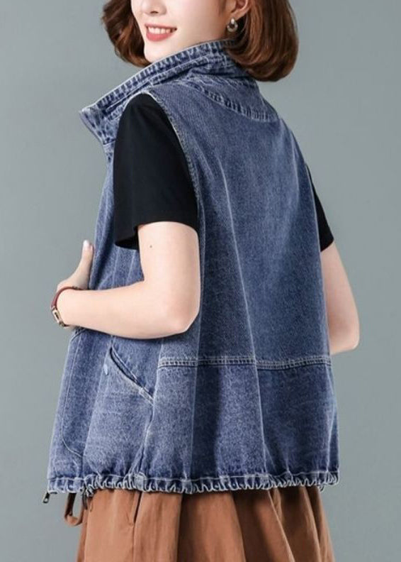 VCSHOES Blue Stand Collar Zippered Patchwork Denim Waistcoat Fall