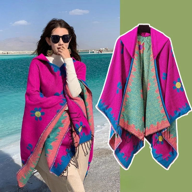 Ethnic Style Hooded Cape Women’s Yunnan Tibet Western Sichuan Grassland Bohemia Travel Wear Scarf Coat