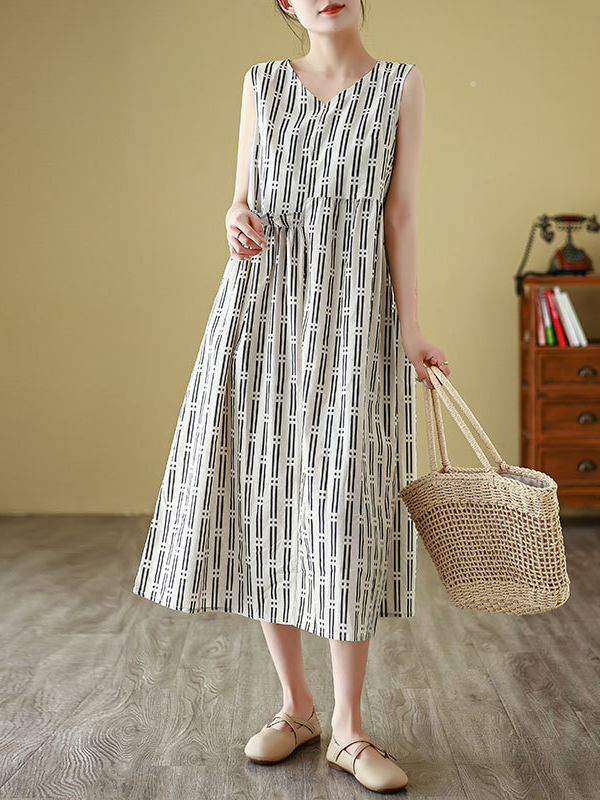 Striped Pattern V Neck Sleeveless Midi Dress