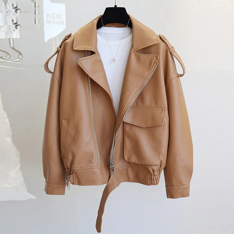 FTLZZ Autumn Winter New Soft Faux Leather Jacket Women Loose Moto Bike Coat Streetwear Female Brown PU Leather Jackets with Belt