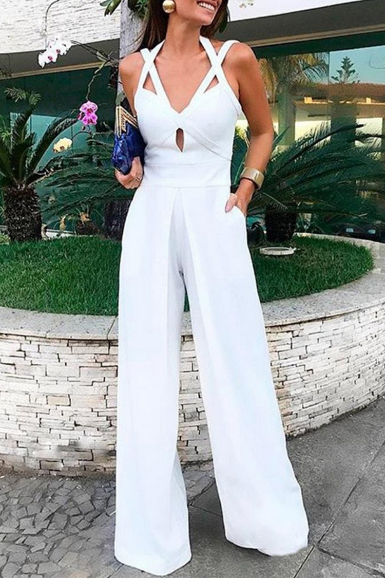 Casual Solid Split Joint V Neck Boot Cut Jumpsuits