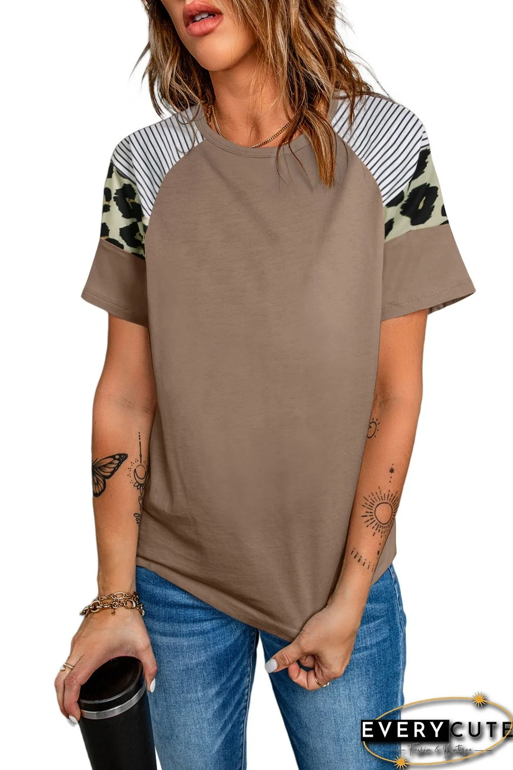 Striped Leopard Print Short Sleeve Women T-shirt