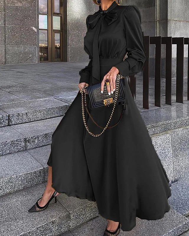 Women's Sheath Dress Maxi Long Dress Long Sleeve Ruched Bow Summer Hot Casual Black Red Yellow Black Dresses