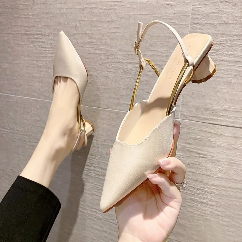 Qengg high-heeled shoes woman low heels sandals summer 2022 design niche back empty buckle fairy mid-heel toe mule sandals
