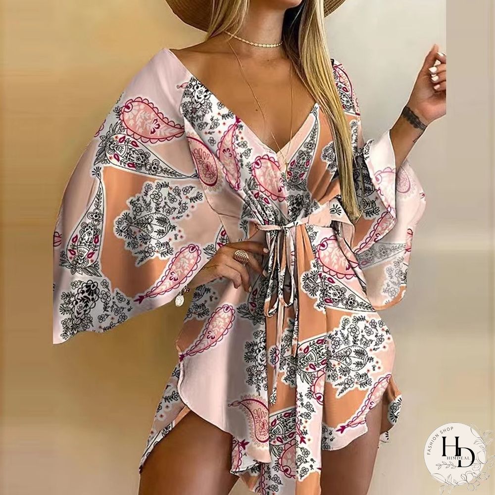 New Summer Beach Elegant Women Dresses Sexy V Neck Lace-up Floral Print Mini Dress Casual Flared Sleeves Ladies Party Dress