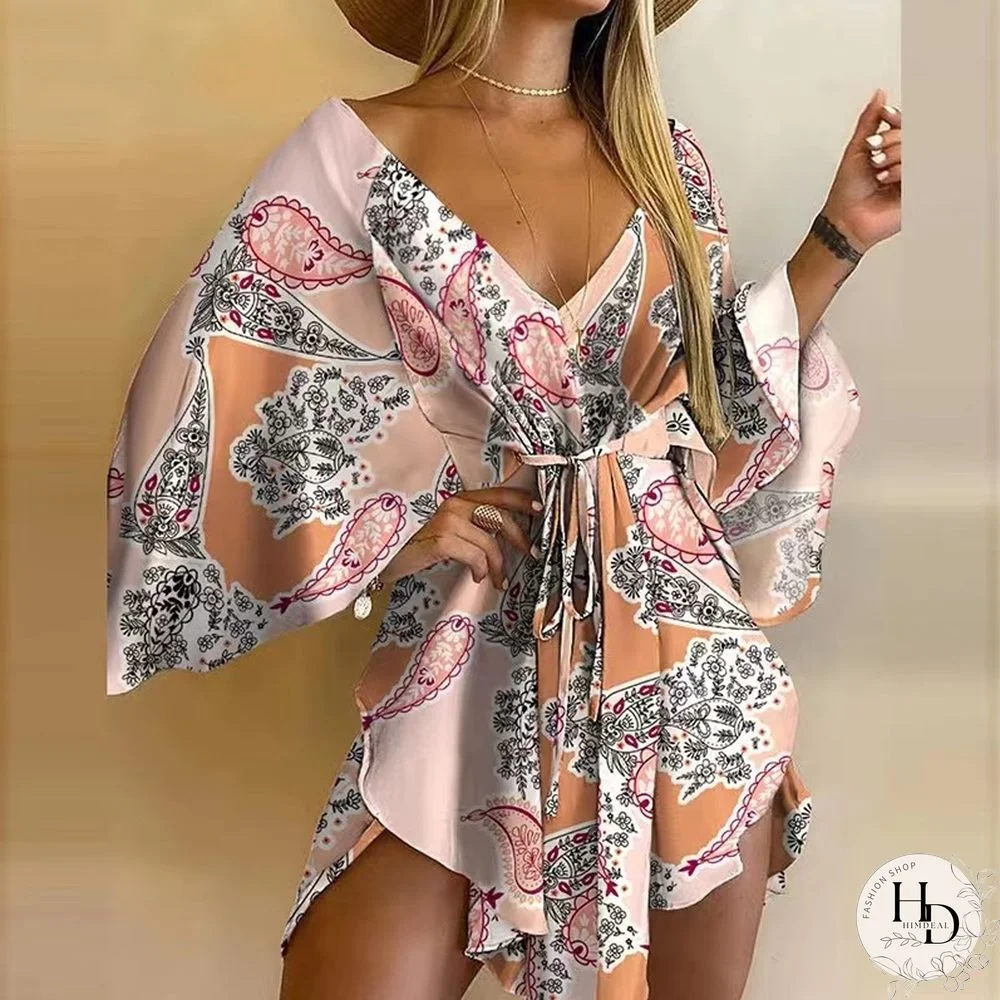 New Summer Beach Elegant Women Dresses Sexy V Neck Lace-up Floral Print Mini Dress Casual Flared Sleeves Ladies Party Dress