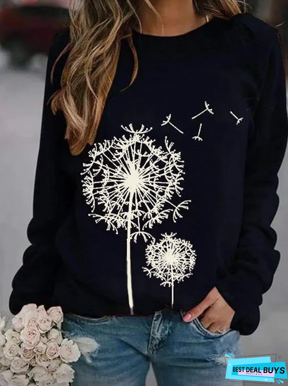 Crew Neck Boho Printed Cotton-Blend Hoodies & Sweatshirt