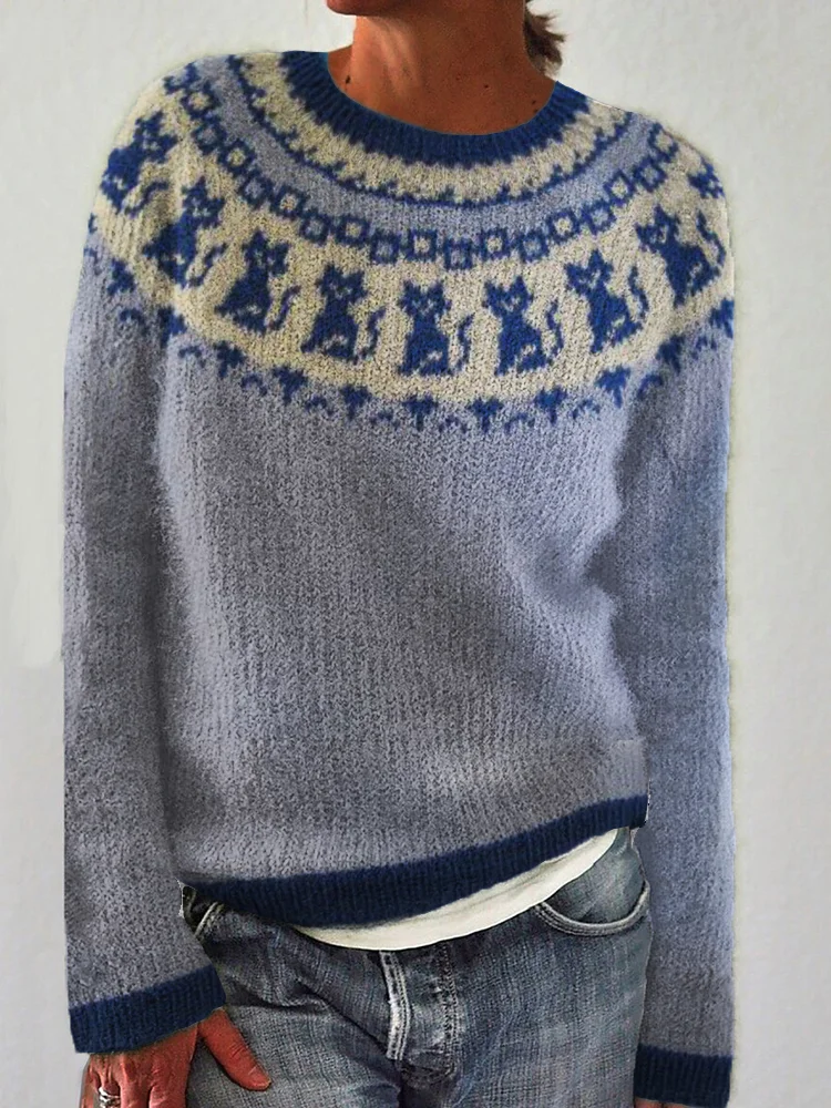 VChics Vintage Cats Pattern Knit Cozy Sweater