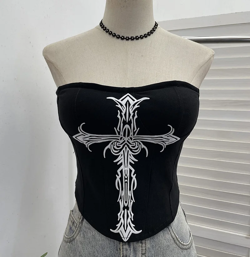 Nigikala Nigikala Cross Print Chest Vest Sling Female With Chest Cushions Anti-Slip Strip Short Babes Top 1298