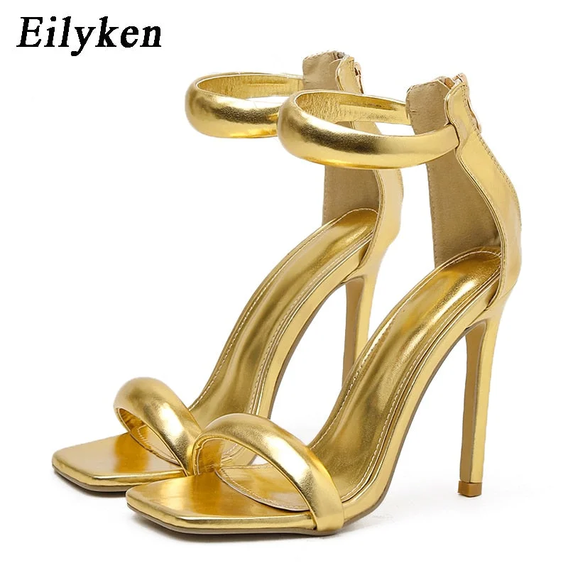 Eilyken Summer Silver Gold Peep Toe High Heel Women Sandals Sexy Buckle Strap Ankle-wrap Ladies Sandals Club Stripper Shoes