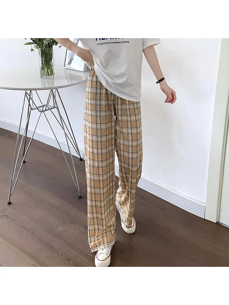2022 New Harajuku Plaid Long Pants Loose Casual Women Thin Baggy Trousers Streetwear Wide Leg Summer Fashion Slacks E-girl Y2k