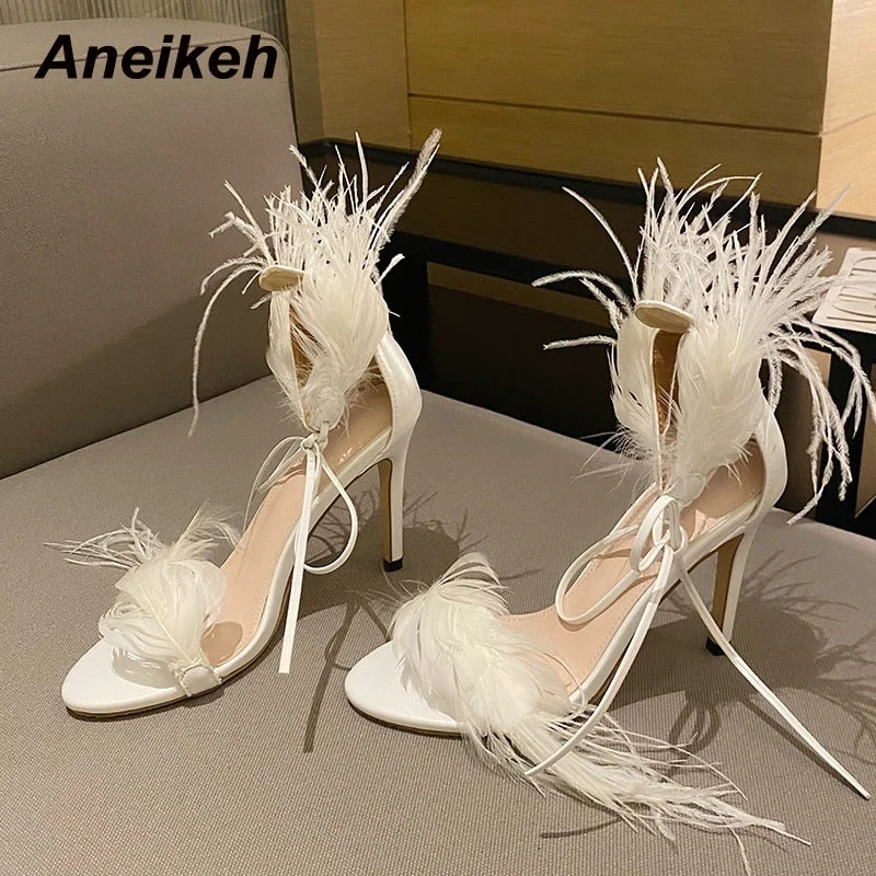 Aneikeh 2021 NEW Fashion Women Summer Thin Heels Shoes PU Sandals Party Butterfly-Knot FEATHER Gladiator Lace-Up  Animal Prints