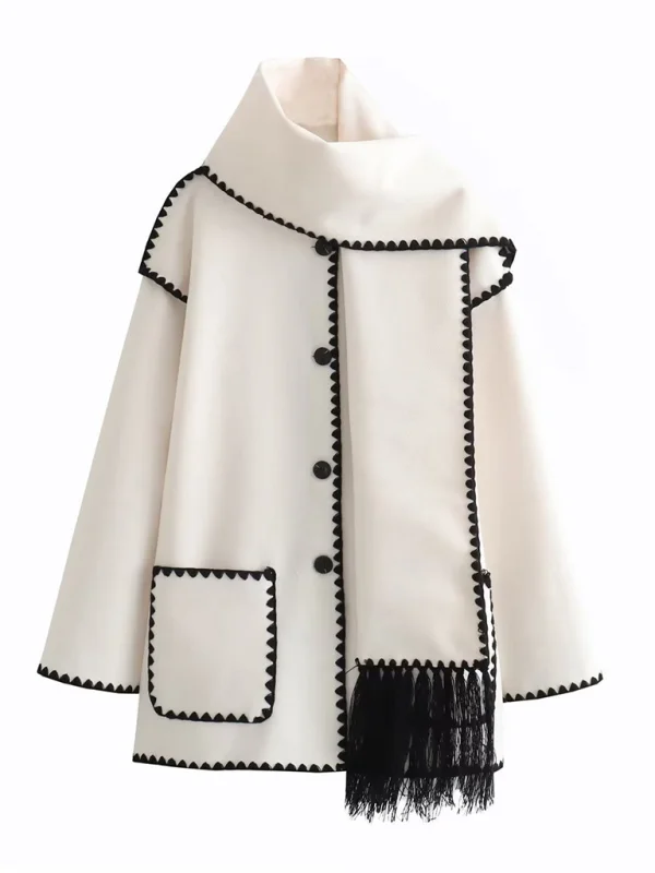 Women's Street Fashion Scarf Decorated Patchwork Wool Jacket Flusfy