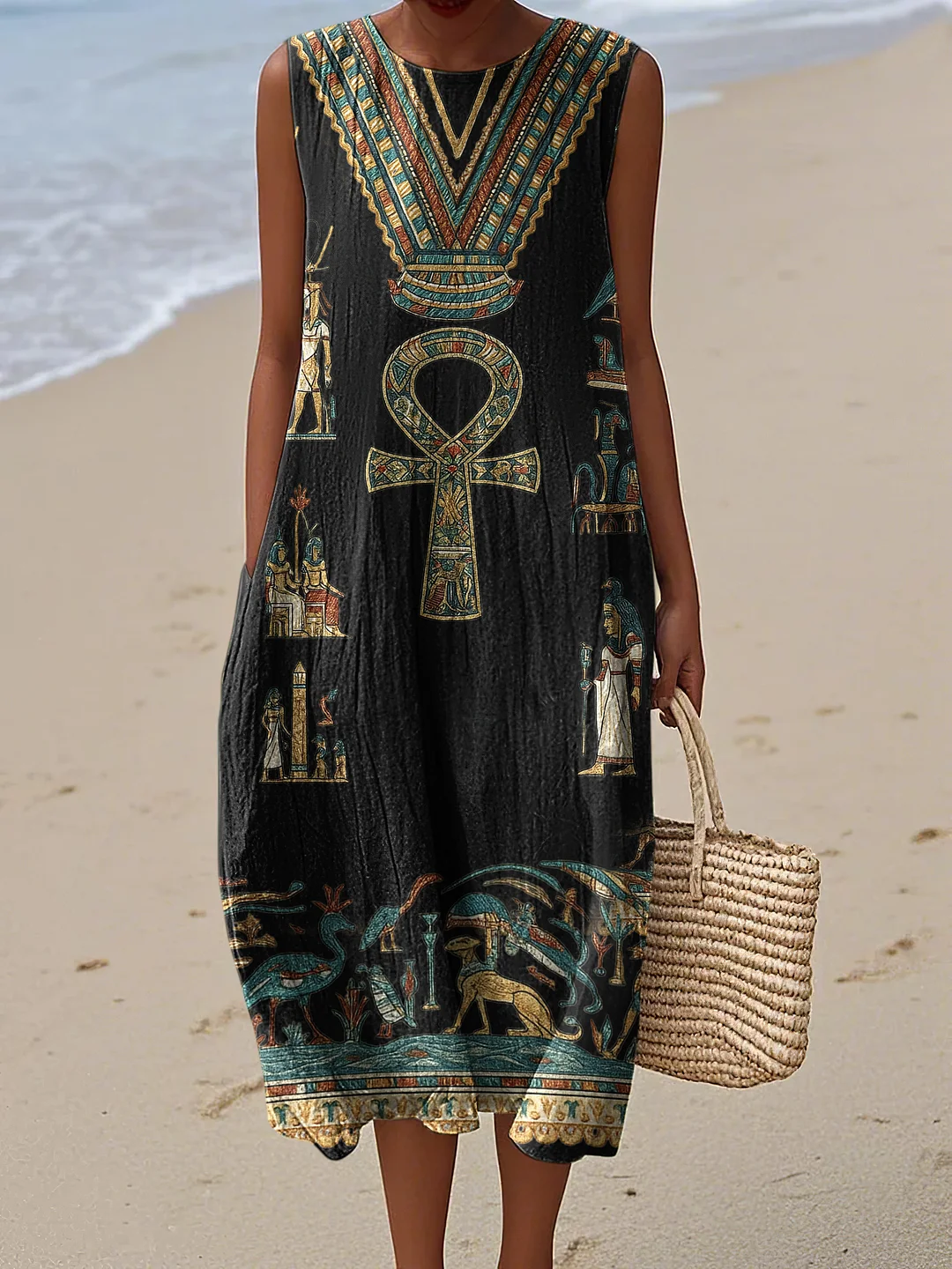 Ancient Egyptian Inspired Women's Vintage Linen Casual Sleeveless Dress