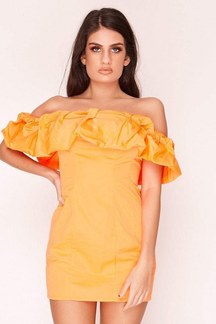 Orange Bardot Ruffle Mini Dress Katch Me