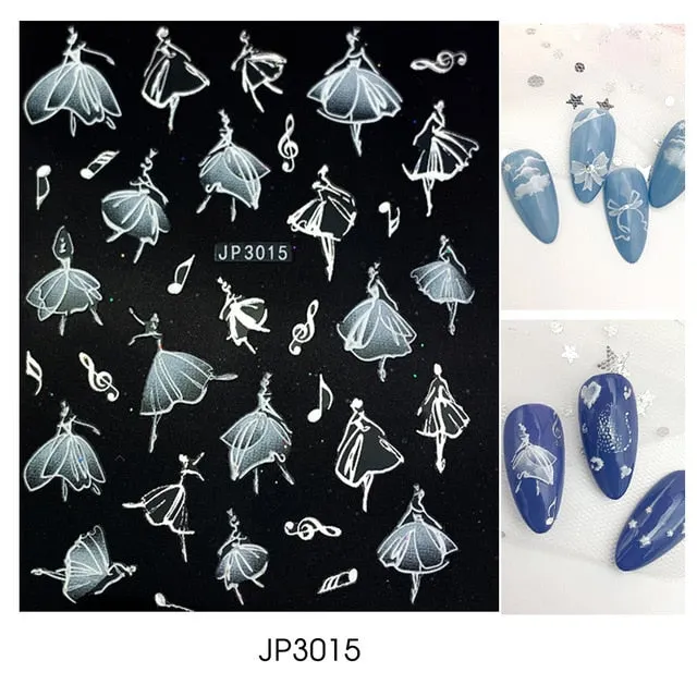 Nail Stickers Embossed 5D Elegant Abstract Girls White Ballet Designs Back Glue Nail Decals Tips For Beauty Salons-Nail Inspo