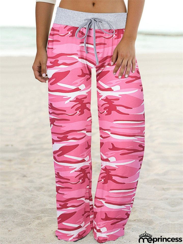 Comfortable Camouflage Print Drawstring Wide-Leg Pants